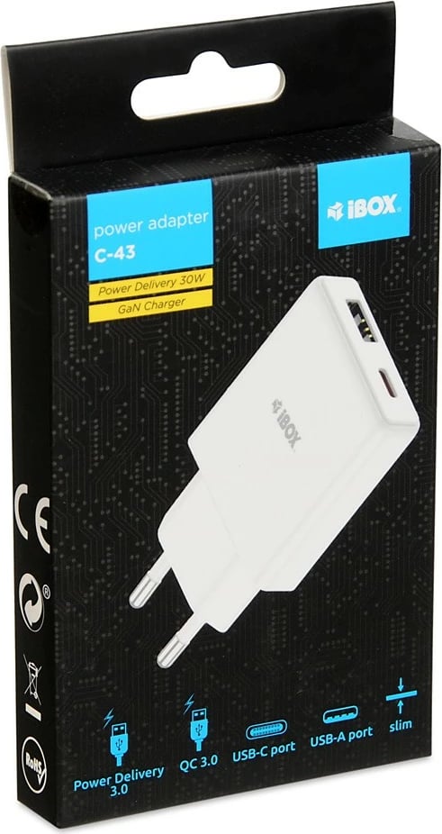 Karikues muri iBOX C43W, 30W, 1x USB-C, 1x USB 3.0, i zi Karikues muri iBOX C43W, 30W, 1x USB-C, 1x USB 3.0, i zi