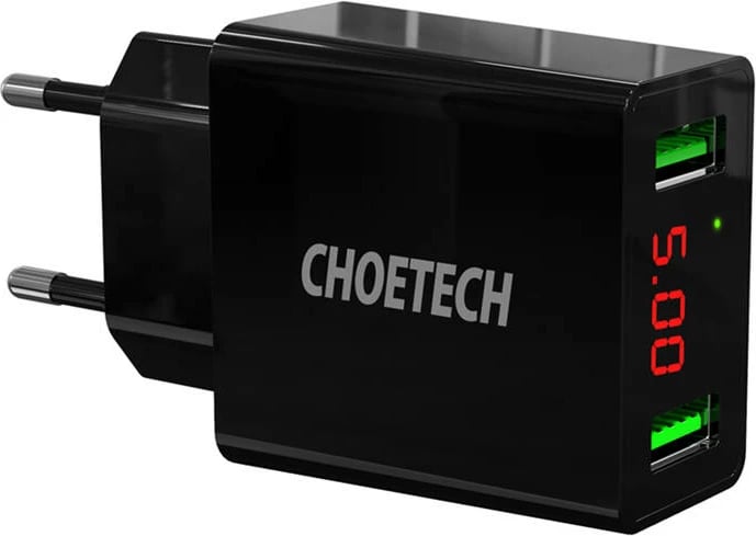 Karikues rrjeti Choetech C0028 me 2 porta USB-A dhe ekran LED, i zi