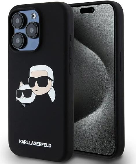 Mbështjellës Karl Lagerfeld Silicone Karl & Choupette MagSafe për iPhone 15 Pro Max, zi
