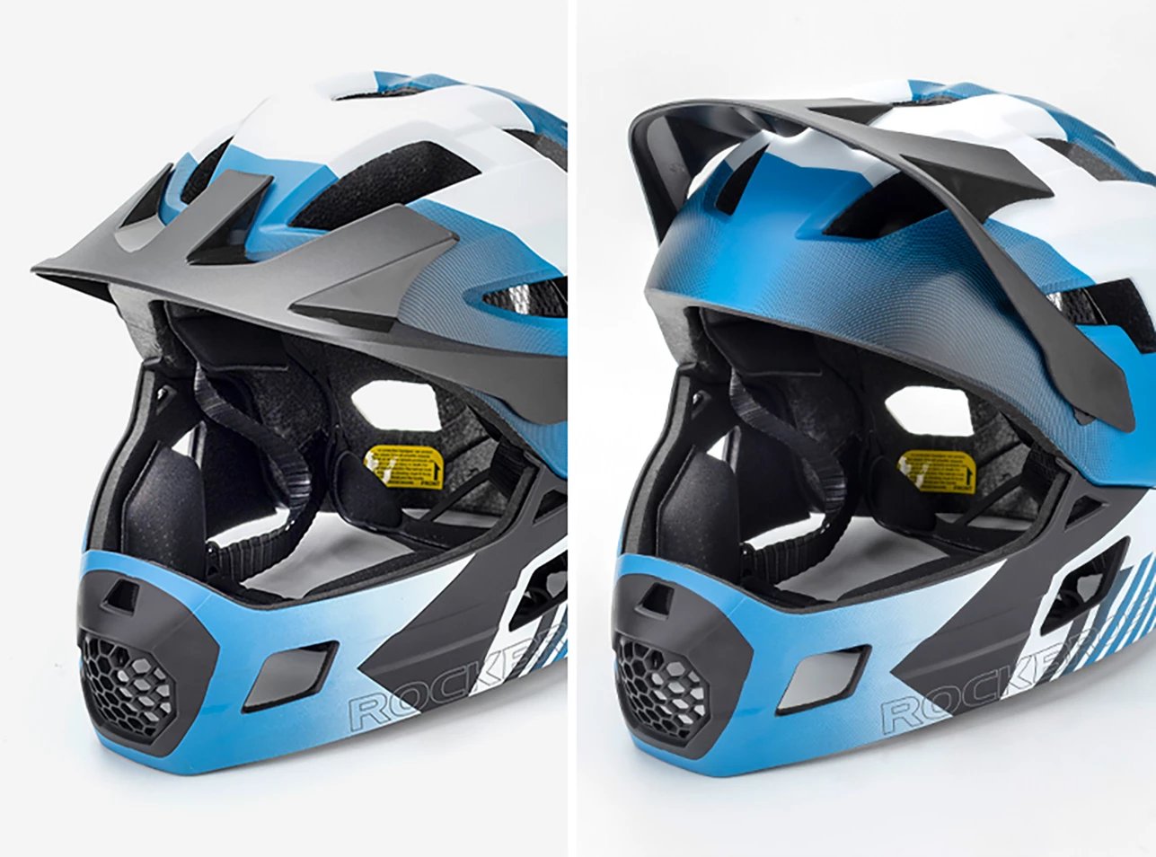 Kaskë biçiklete fëmijësh 2‑në‑1 full‑face me mjekër të heqshme, Rockbros TS-61 10110061002, madhësia M 54–57 cm, 12 vrima ventilimi, 406 g, PC+EPS, DIN EN 1078 CE, blu