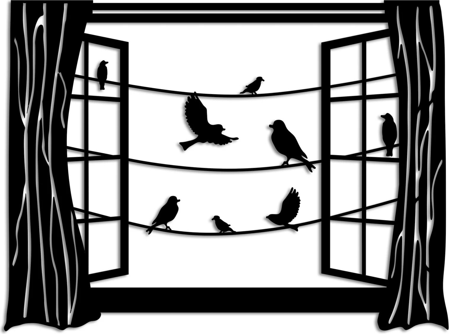 Aksesor metalik dekorativ për mur, zogj para dritares, Wallity, ngjyrë e zezë, 50x38cm