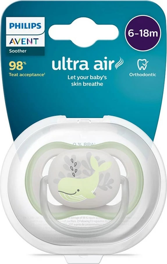 cicë qetësuese AVENT Ultra Air 6-18m, silikon, BPA-free, me kuti sterilizimi, jeshile, 1 copë