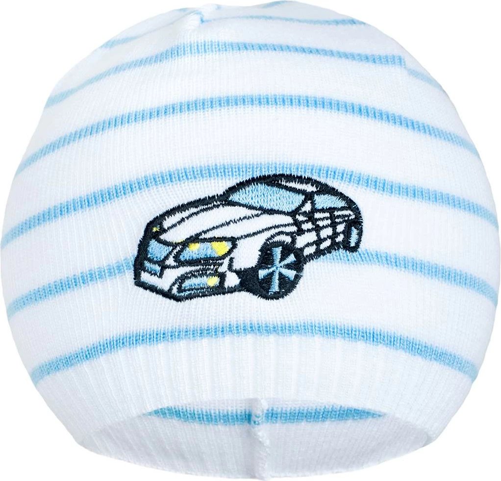 Kapelë pranverore, New Baby, me motiv makine, 100% pambuk, rreth 42-46 cm, madhësia 86/92, bardh e kaltër