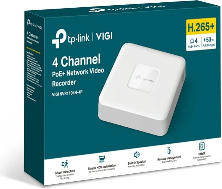 Rekorder video rrjeti (NVR), TP-Link VIGI NVR1104H-4P, 4 kanale PoE+, 4K HDMI, HDD SATA deri 10 TB, e bardhë, me maus