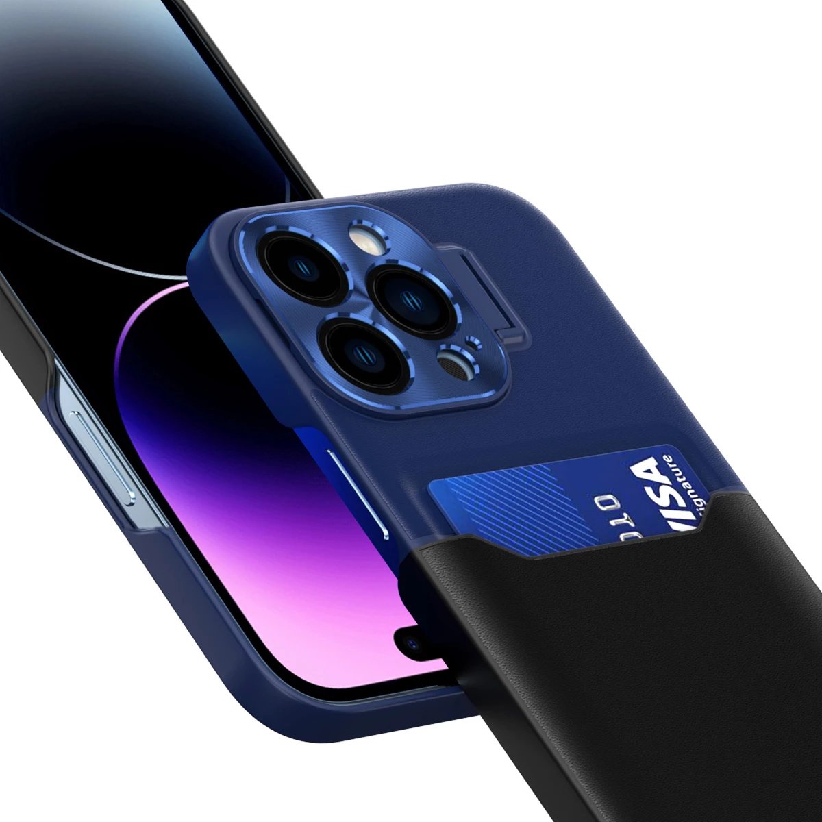 Mbështjellës Hurtel Leather Stand Case për iPhone 14 Pro, me xhep për kartela, me mbajtëse, Blu