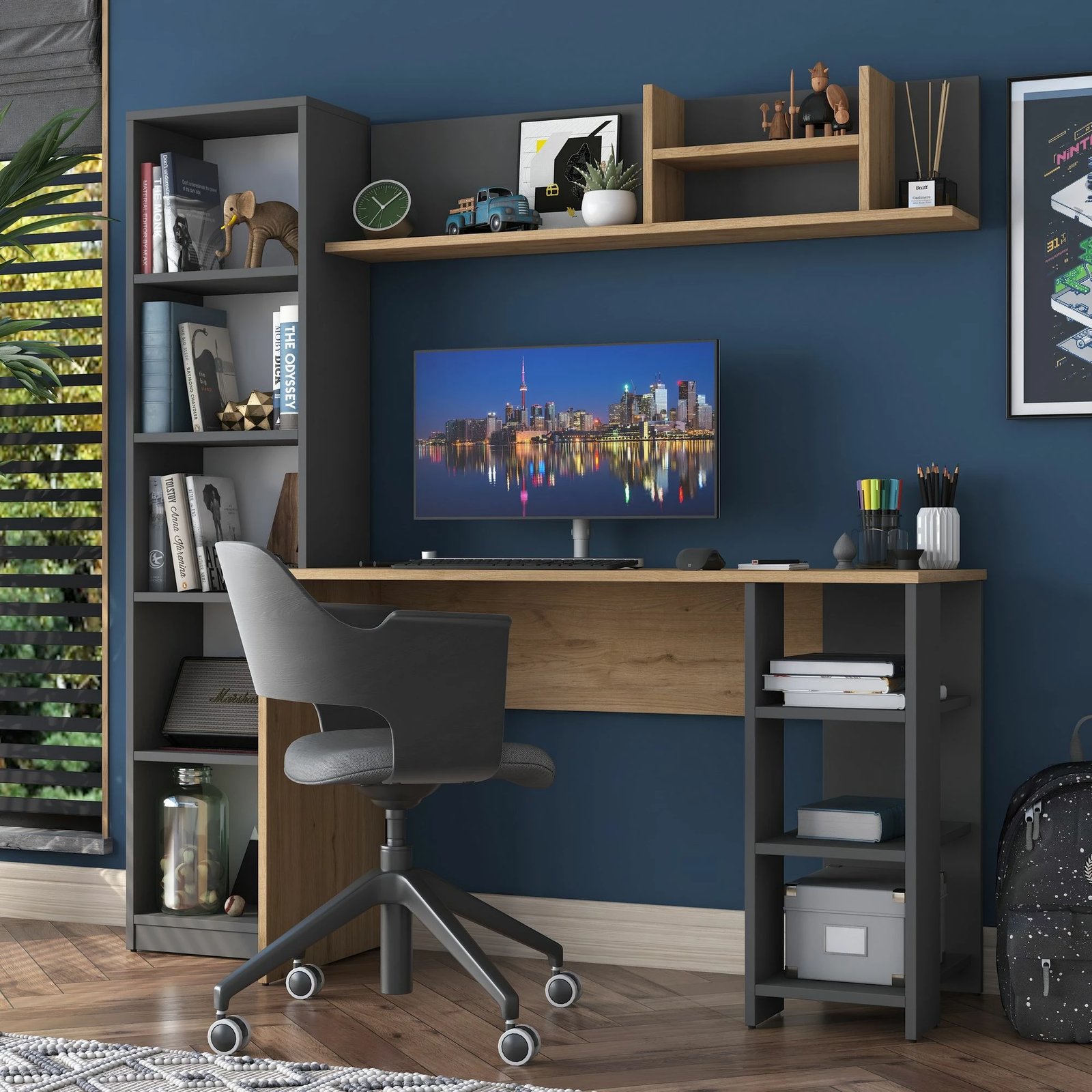Set tavoline studimi me raft librash Skye Decor, HA125 - 2699, ngjyrë arre dhe antracit