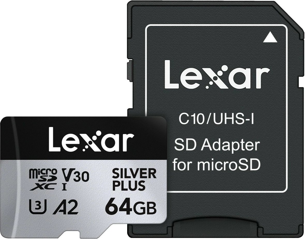 Kartë memorje microSD Lexar LMSSIPL064G-BNANG 64GB UHS-I A2 U3 V30 205/100MB/s me adapter SD Silver Plus