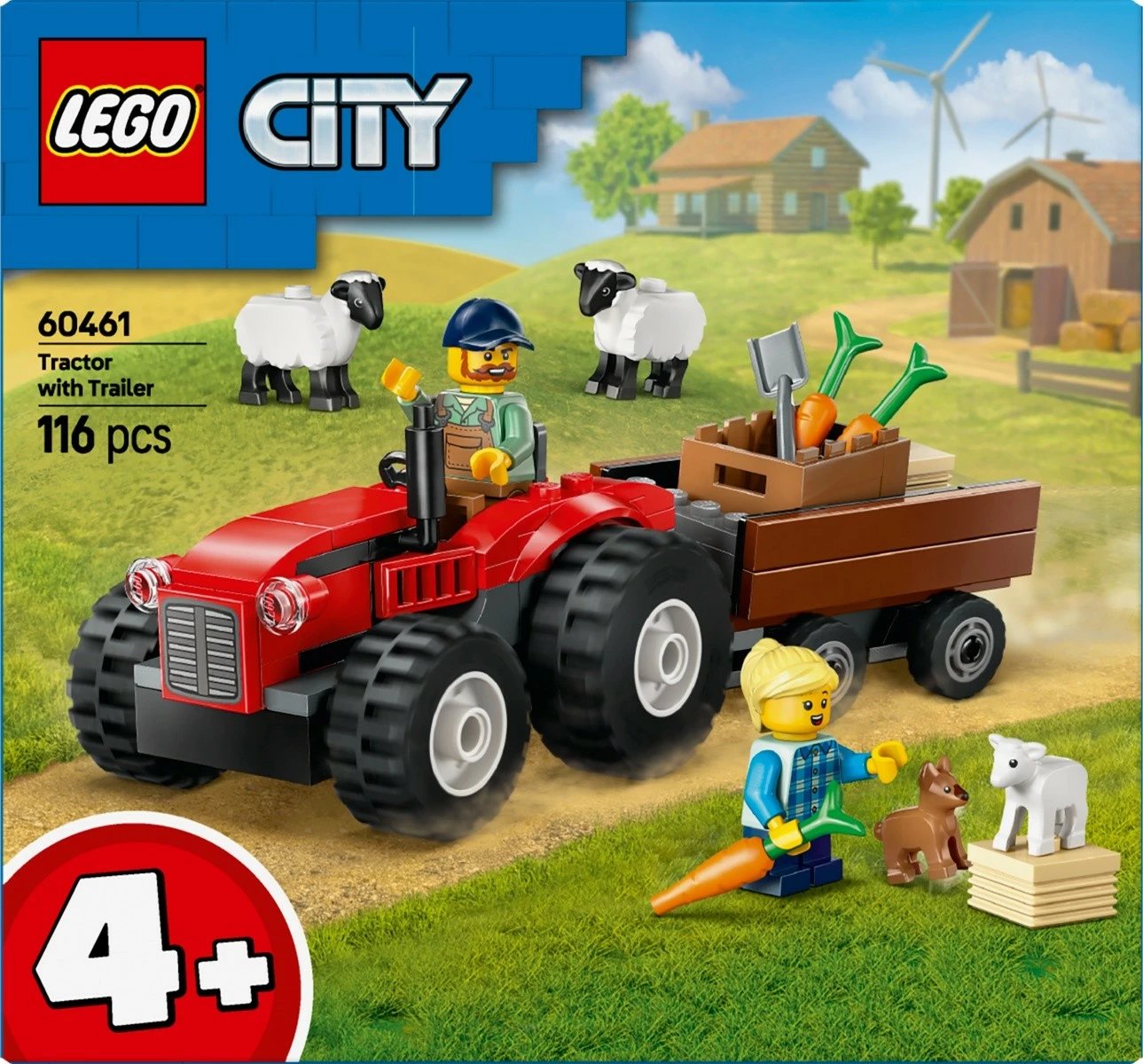 Set ndërtimi LEGO City 60461, traktor i kuq me rimorkio dhe dele, 116 pjesë