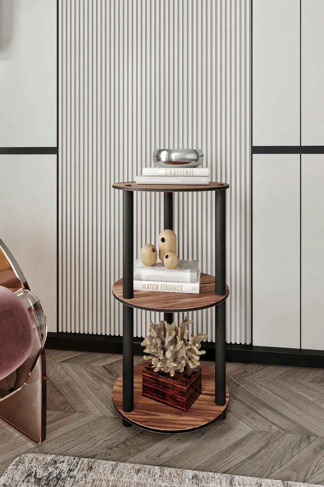 Raft librash, 3 kate, i rrumbullakët, ngjyrë arre, Skye Decor