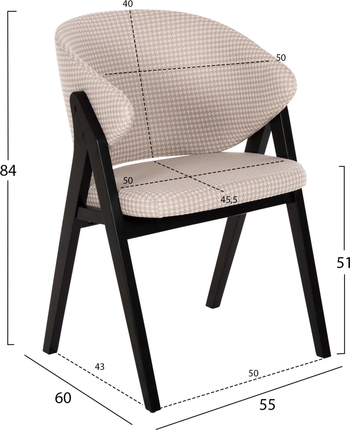 Karrige për ngrënie HANA FH9746.01 dru gome në të zezë-me pëlhurë në të bezhë 55x60x84H cm., set prej 2 copë