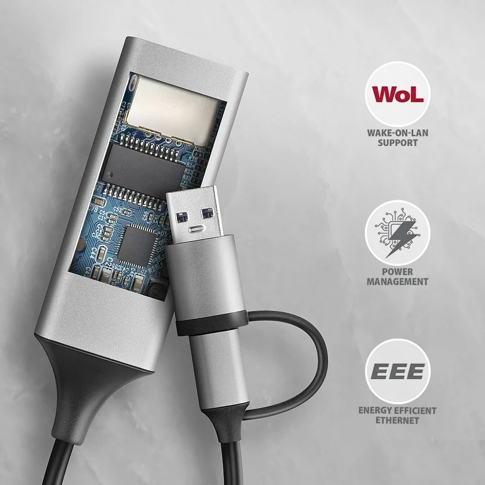 Adapter AXAGON ADE-TXCA Gigabit Ethernet, USB-C + USB-A, Gri