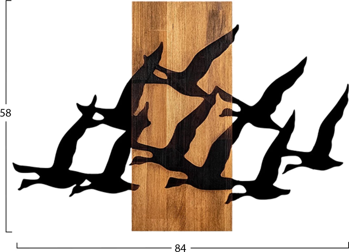 Dekor muri i madh me zogj, metal i zi, dru natyral, FH4759, 58x3x84cm