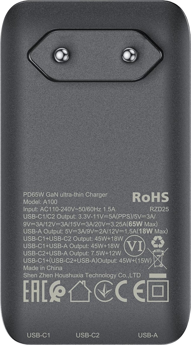 Karikues Acefast A100, 65W, GaN, 2x USB-C + USB-A, ultra i hollë, i zi