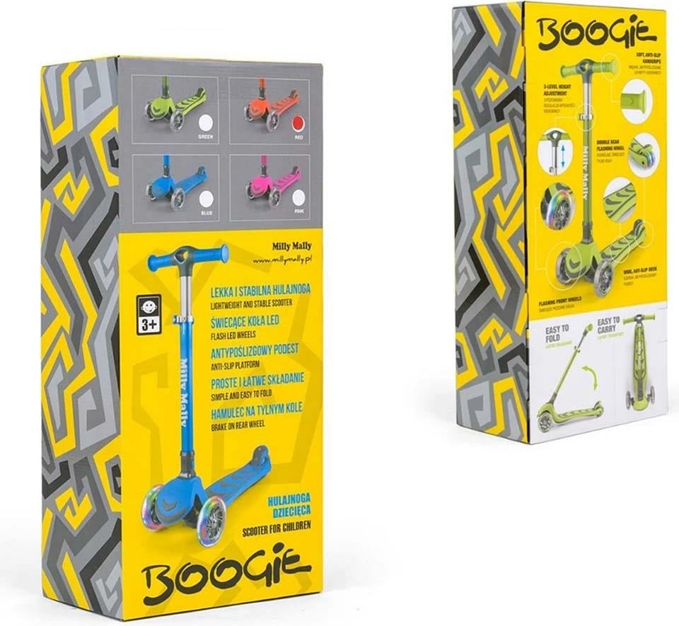 Trotinet për fëmijë, Milly Mally Boogie, 3 rrota, timon me rregullim 3-sh, rrota me drita LED, ngarkesë deri 50 kg, blu