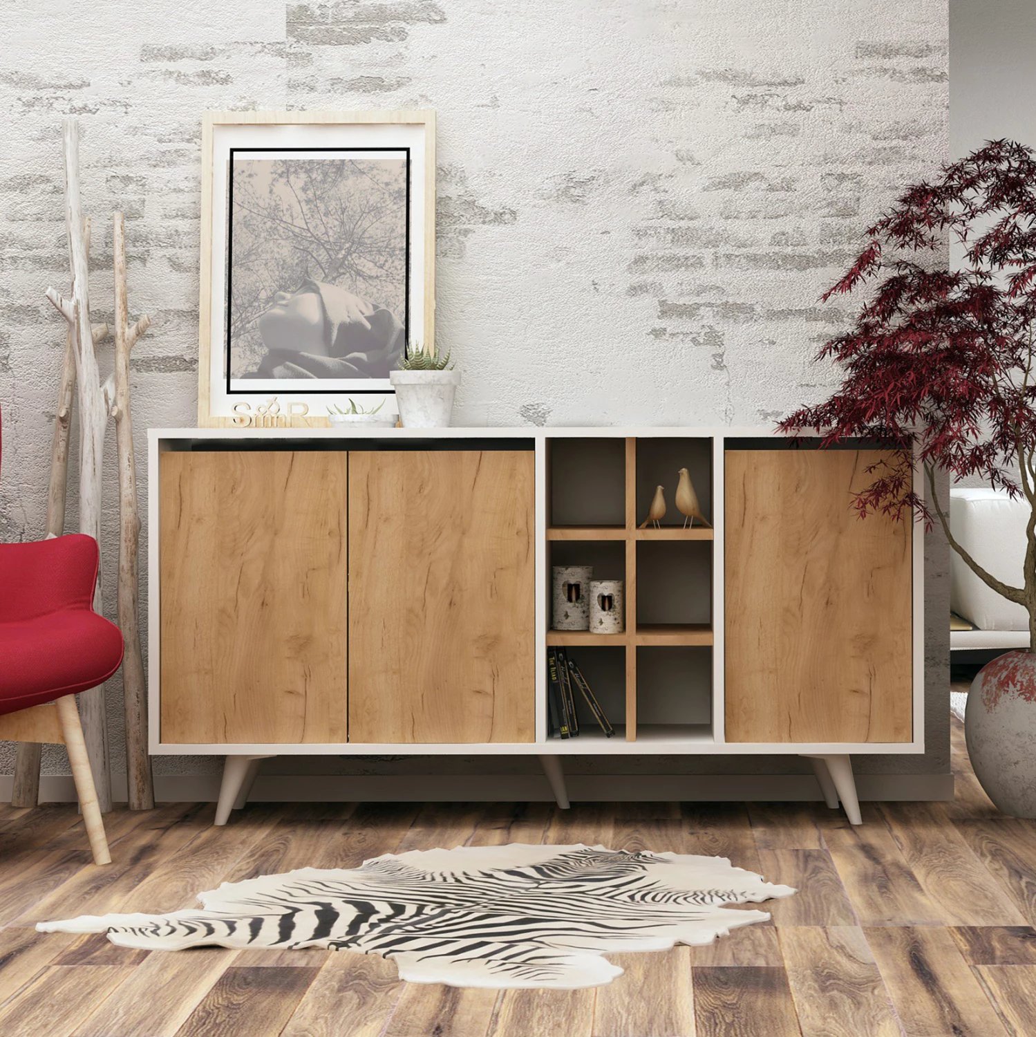 Bufe melamine e bardhë me dyer arre 140x40x86Hcm.FH9432.01