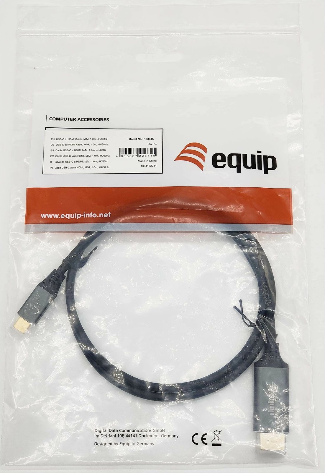 Kabllo USB-C në HDMI Equip 1m, 4K/60Hz, e zezë/gri
