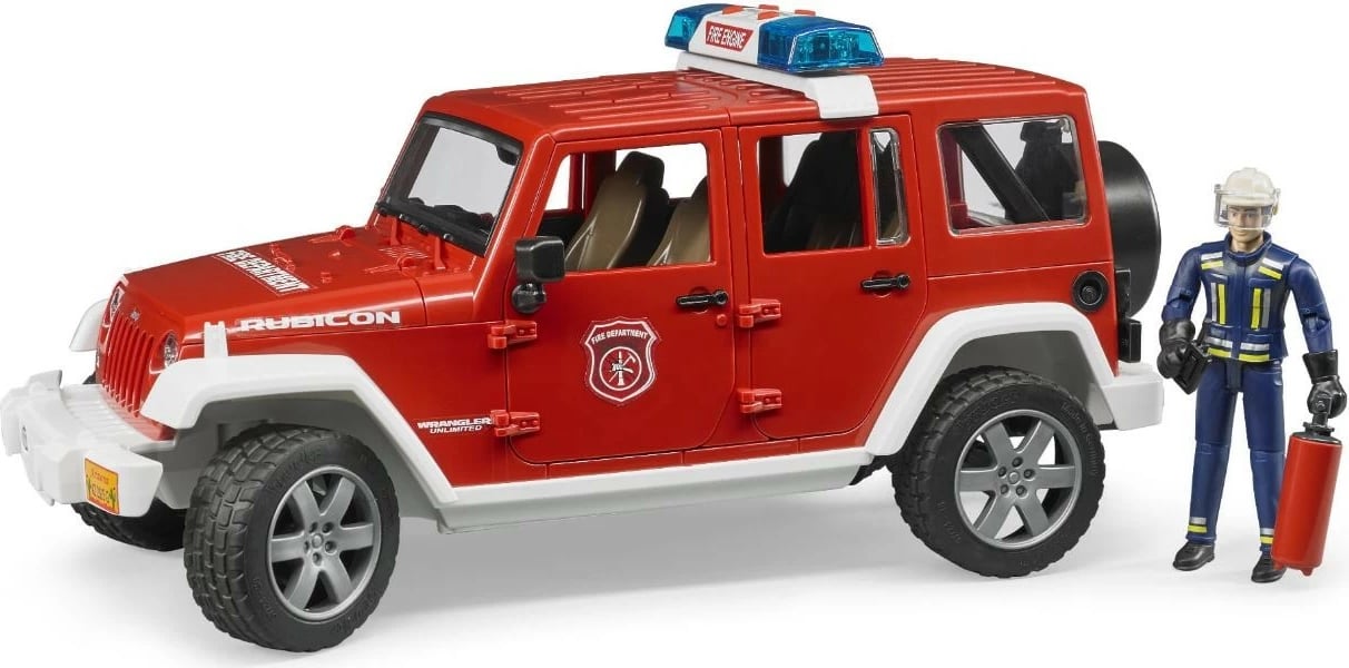 Makina lodër BRUDER Jeep Wrangler zjarrfikës BR-02528, shkallë 1:16, modul dritë/tingull, me figurë, e kuqe/zezë/bardhë