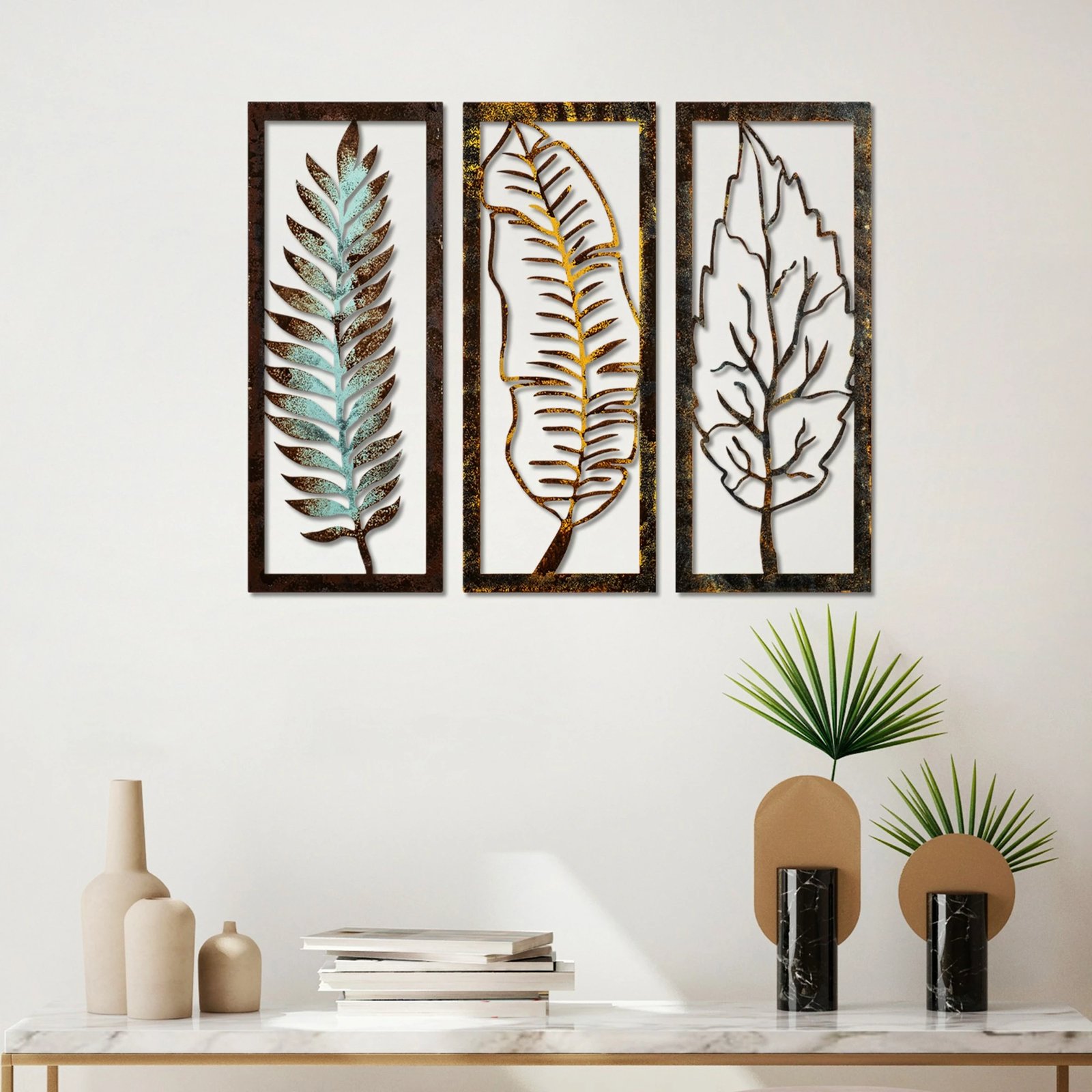 Aksesor dekorativ metalik për mur, Wallity, gjethe, set prej 3 copash, 55x22x1.5cm