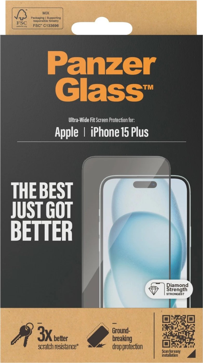 Mbrojtës ekrani PanzerGlass për iPhone 15 Plus, transparent