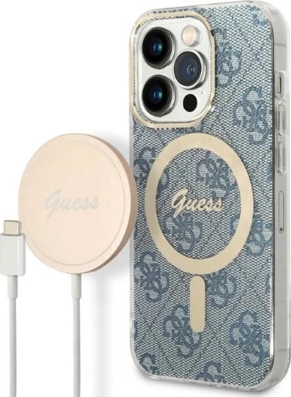 Set mbështjellës Guess GUBPP14XH4EACSB me karikues wireless për iPhone 14 Pro Max 6.7", blu