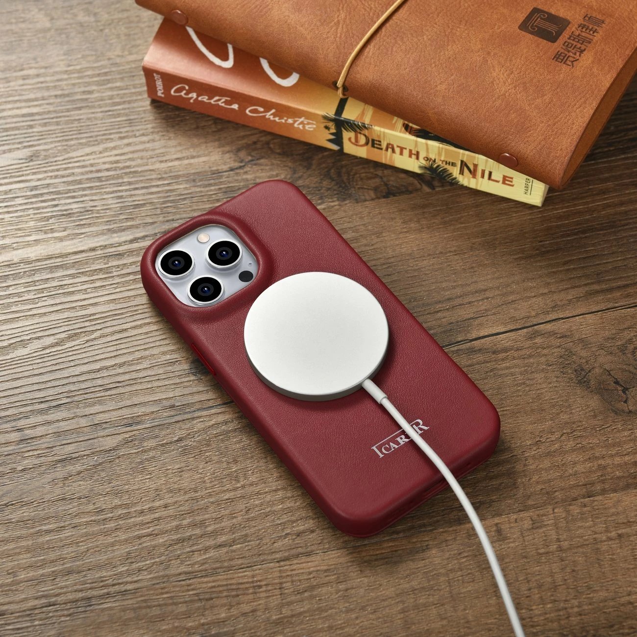 Mbështjellës iCarer CE Premium lëkurë folio për iPhone 14 Pro Max, MagSafe, Kuq