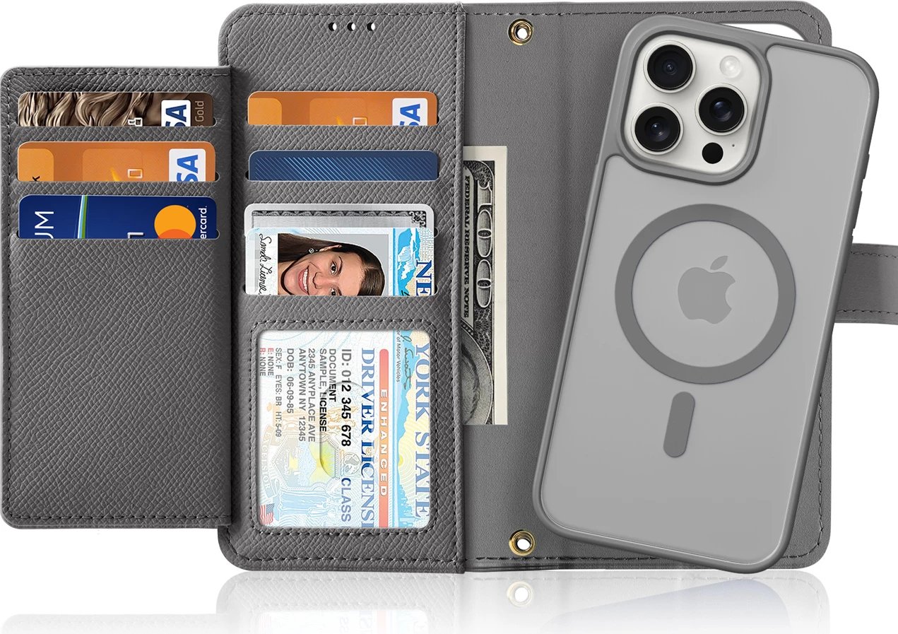 Mbështjellës Dux Ducis Lawa për iPhone 15 Pro, lëkurë, me portofol magnetik, Gri