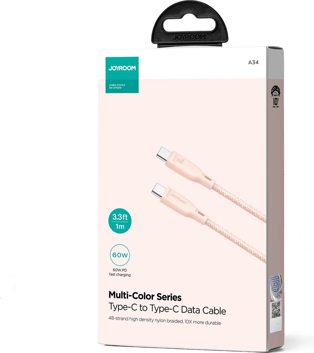 Kabllo USB-C/USB-C Joyroom Multi-Color Series S-A34, 1m, 60W, Rozë