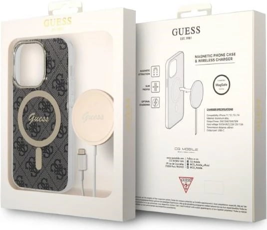 Mbështjellës Guess GUBPP14XH4EACSK me karikues wireless për iPhone 14 Pro Max 6.7", i zi, set