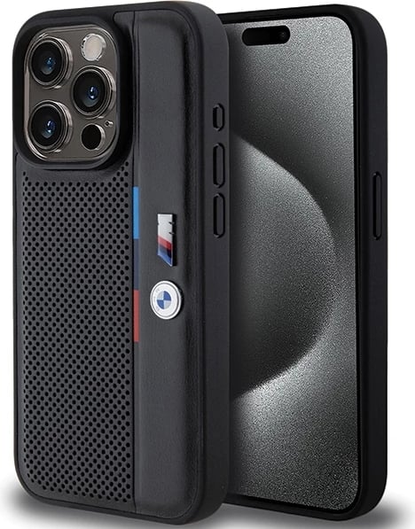 Mbështjellës BMW Perforated Tricolor Line për iPhone 15 Pro Max, i zi