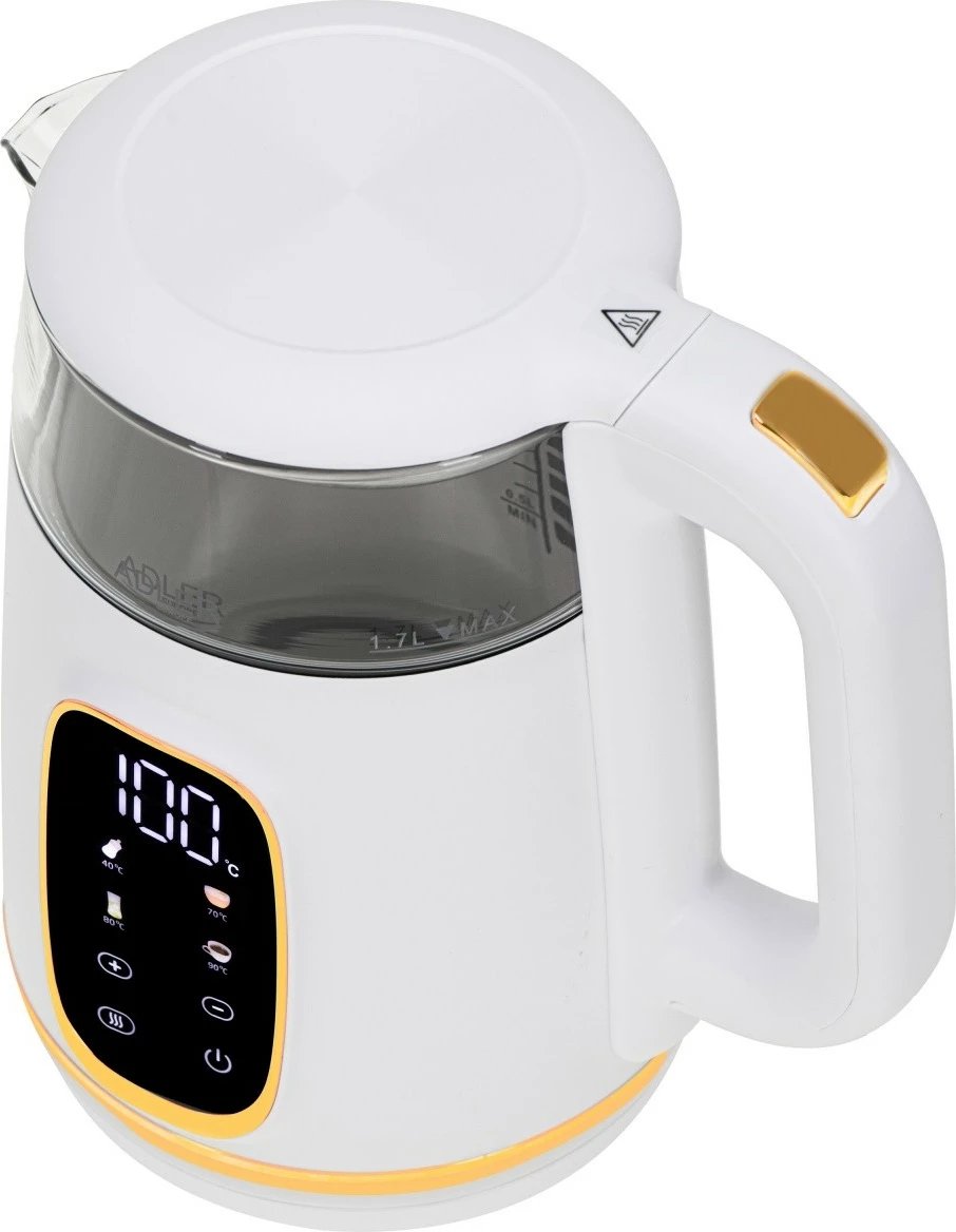 Ibrik elektrik Adler AD 1305WG, 1.7L, me ekran LED, rregullim temperature, Bardhë