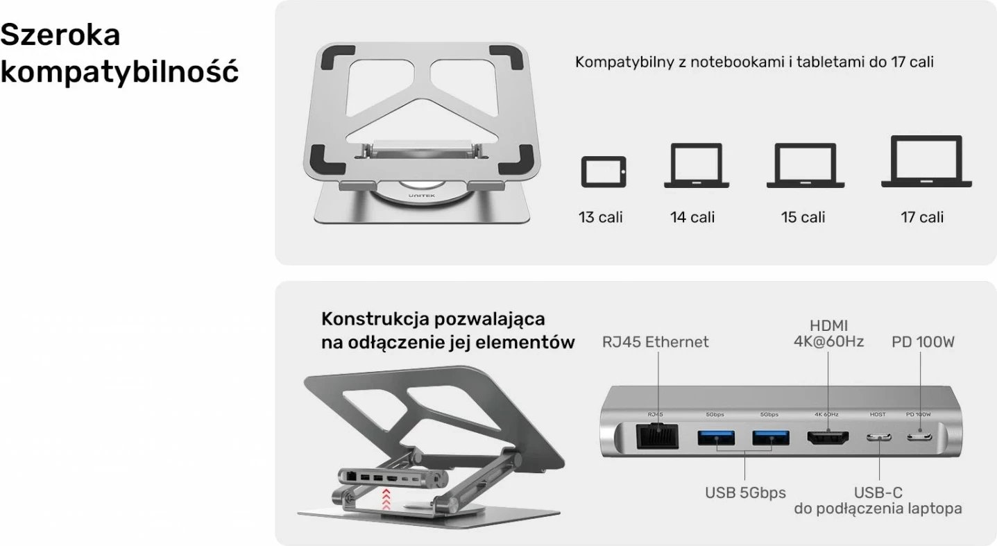 Podstavek për laptop Unitek USB-C HDMI 4K PD 100W, ngjyrë argjendi
