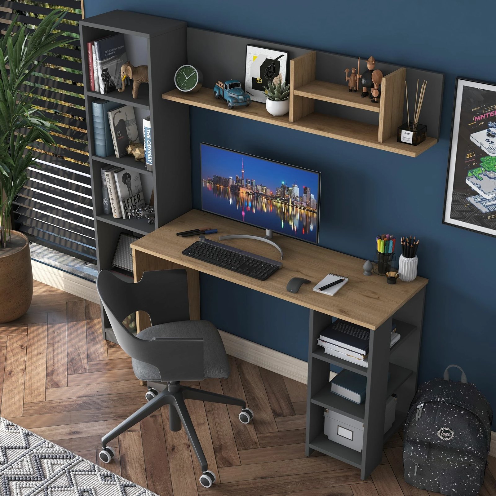 Set tavoline studimi me raft librash Skye Decor, HA125 - 2699, ngjyrë arre dhe antracit