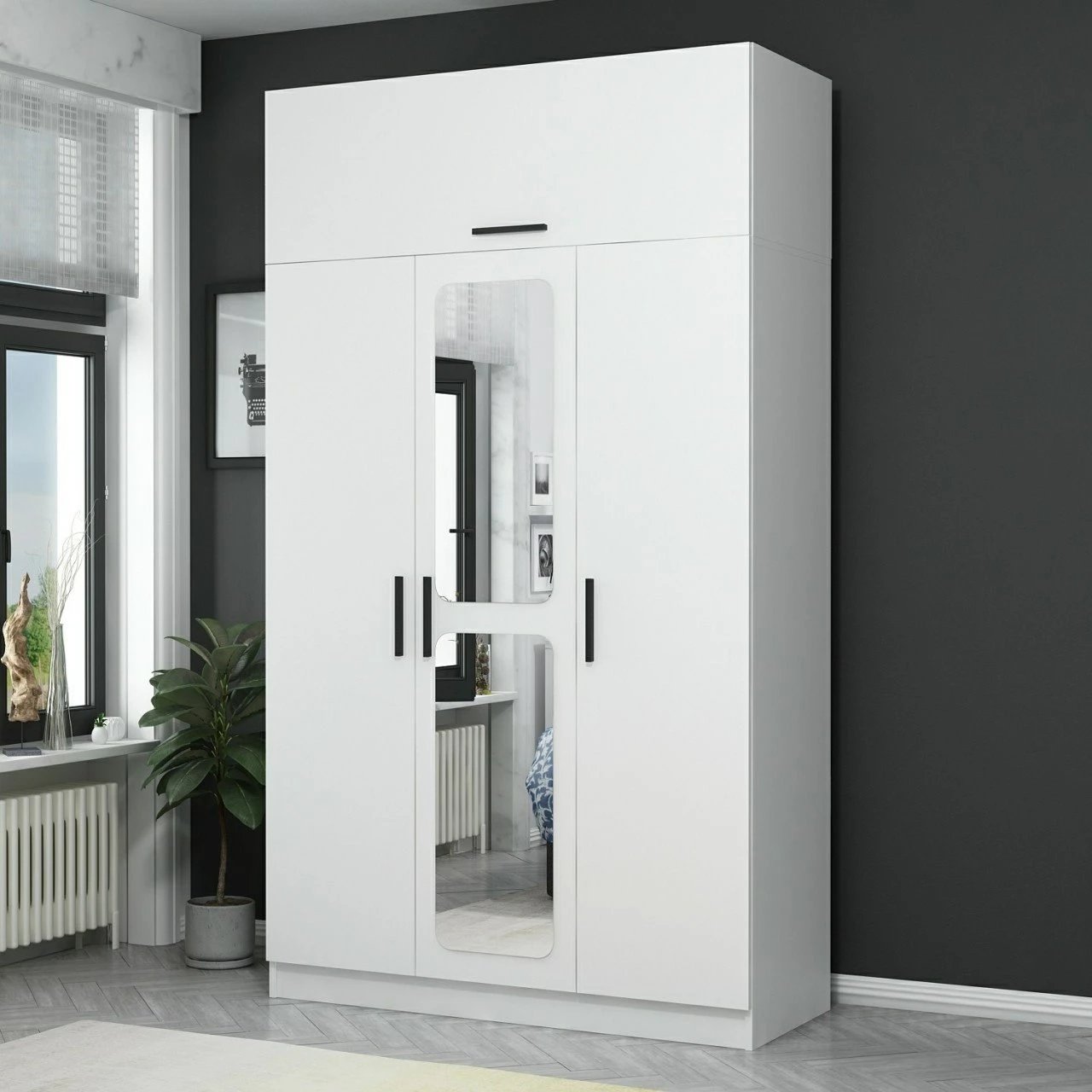 Dollap Skye Decor, Kale 3 kapak me pasqyrë, i bardhë, 255cm