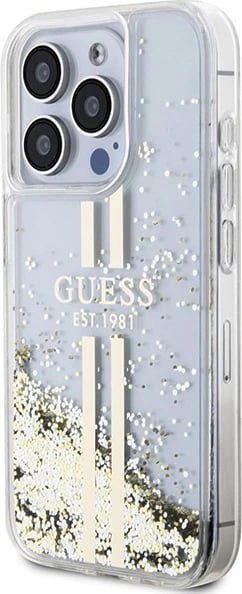 Mbështjellës Guess Liquid Glitter Gold Stripes për iPhone 15 Pro, Transparent Mbështjellës Guess Liquid Glitter Gold Stripes për iPhone 15 Pro, Transparent