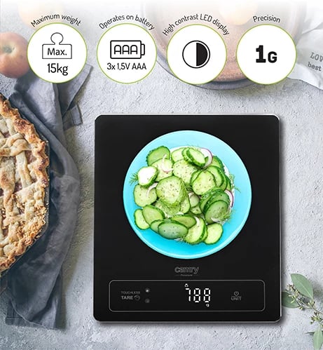 Peshore kuzhine, Camry CR 3175, 15 kg, njësi g/ml/lb:oz/fl'oz, ekran LED, platformë qelqi 24x20 cm, e zezë