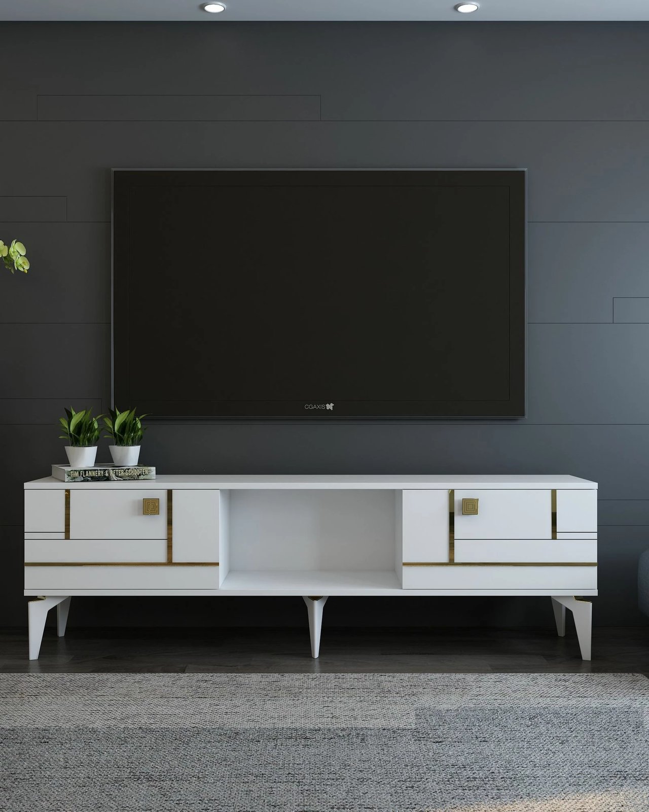 Komodë TV Skye Decor, e bardhë, e artë