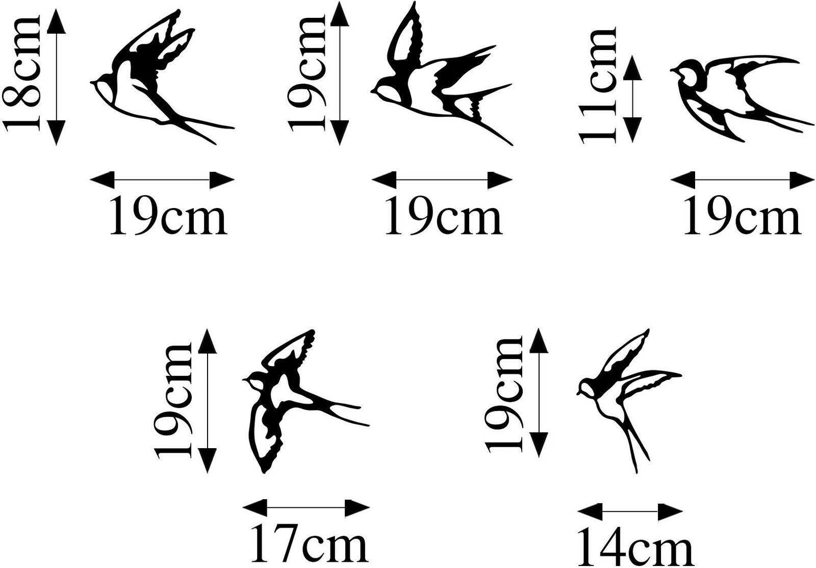 Aksesor dekorativ metalik për mur, dallëndyshe, 5 copë, Wallity-303