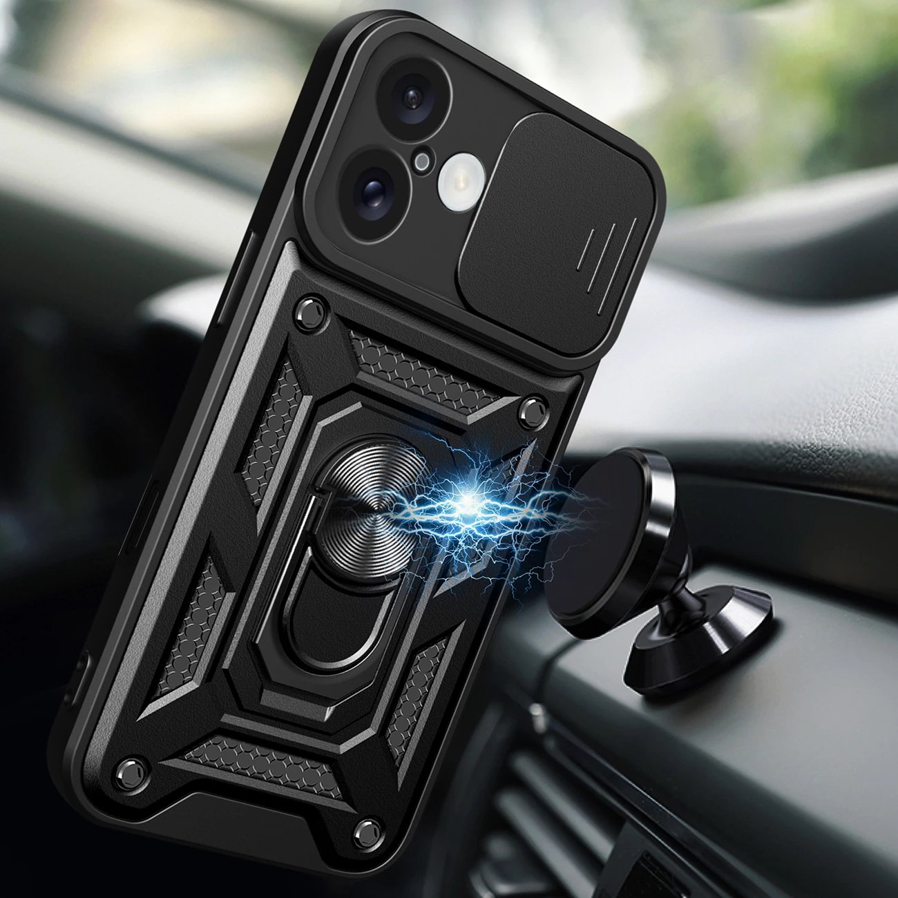 Mbështjellës Hurtel Hybrid Armor Camshield për iPhone 16, me mbulesë kamere dhe qëndrim, i zi