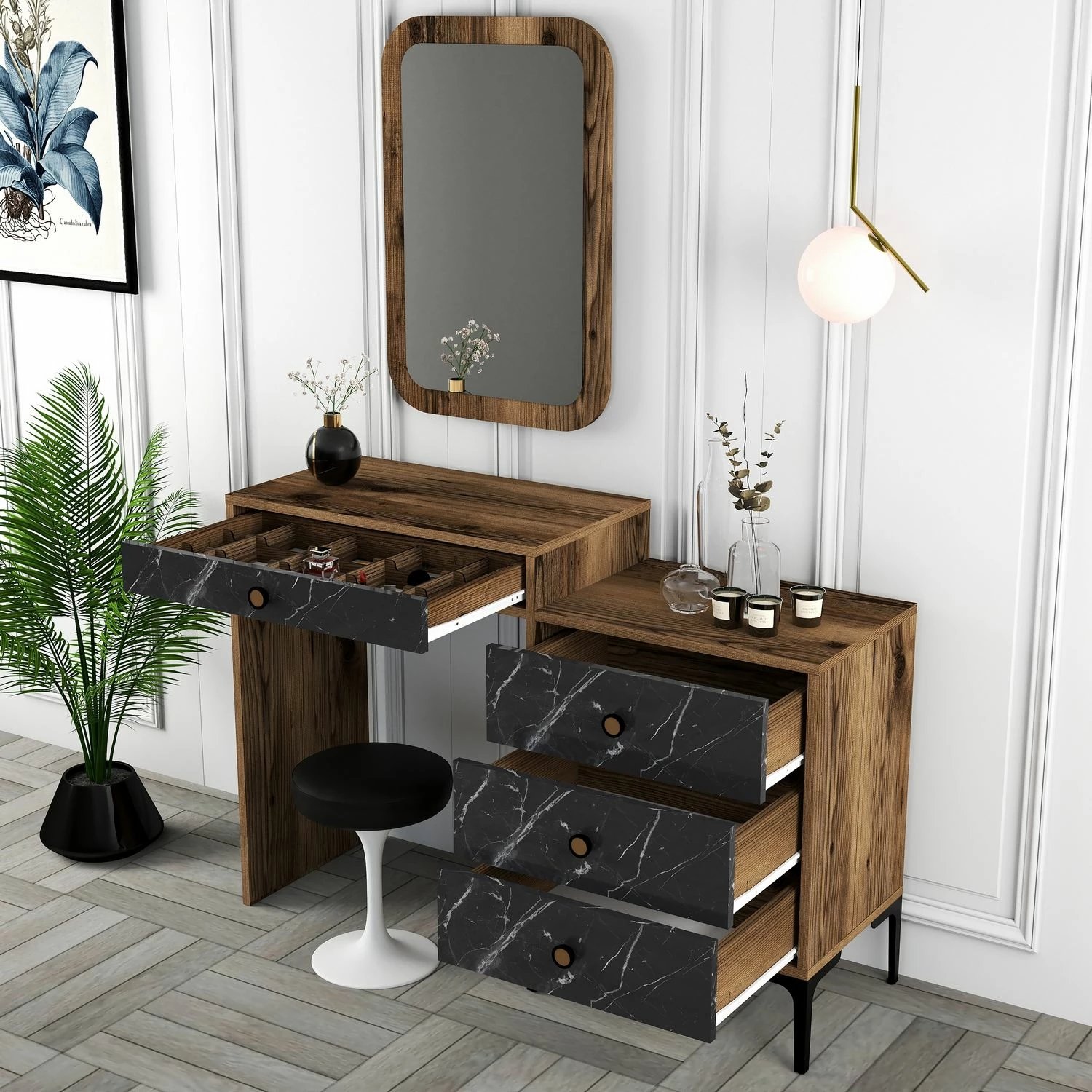 Tavolinë grimimi Hanah Home, Lizbon 548, ngjyrë arre dhe e zezë