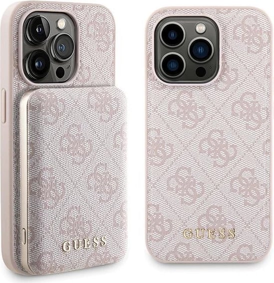 Mbështjellës Guess 4G Metal Logo për iPhone 15 Pro Max me powerbank MagSafe 5000mAh, rozë, set
