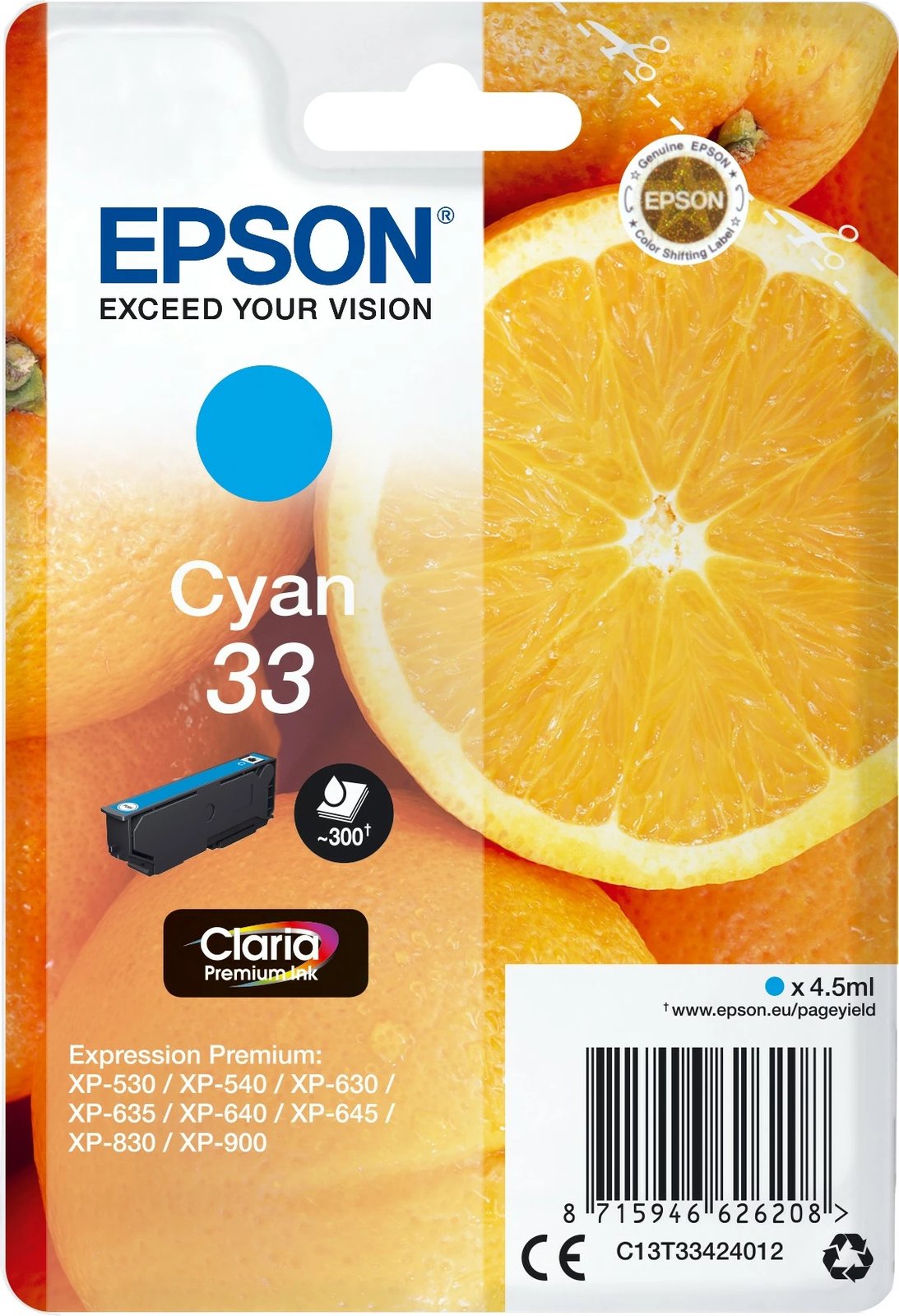Bojë Epson Claria Premium Cyan 33, Kapacitet standard, 4.5 ml