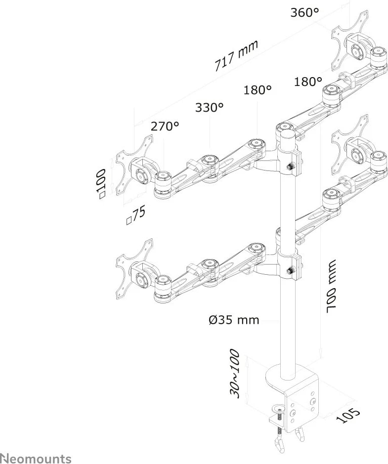 Krah monitori Neomounts FPMA-D935D4, 4 ekrane, 10-27 inç, rregullim lartësie, argjendtë