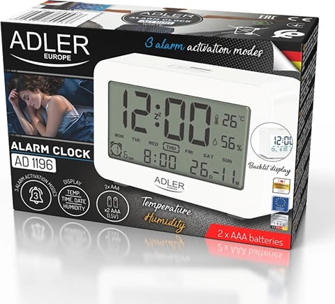 Alarm me bateri, Adler AD 1196, ekran LCD me ndriçim, 3 alarme, shfaqje temperaturë e lagështi, i bardhë