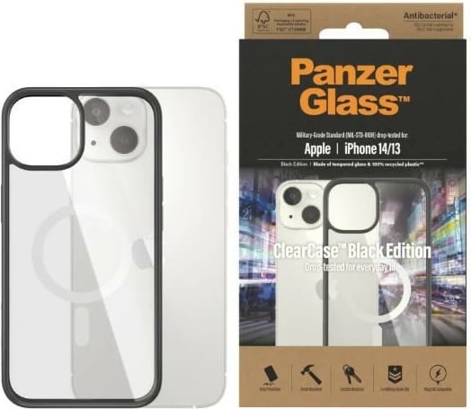 Mbështjellës PanzerGlass ClearCase me MagSafe, për iPhone 14/15/13, Transparent dhe Zi