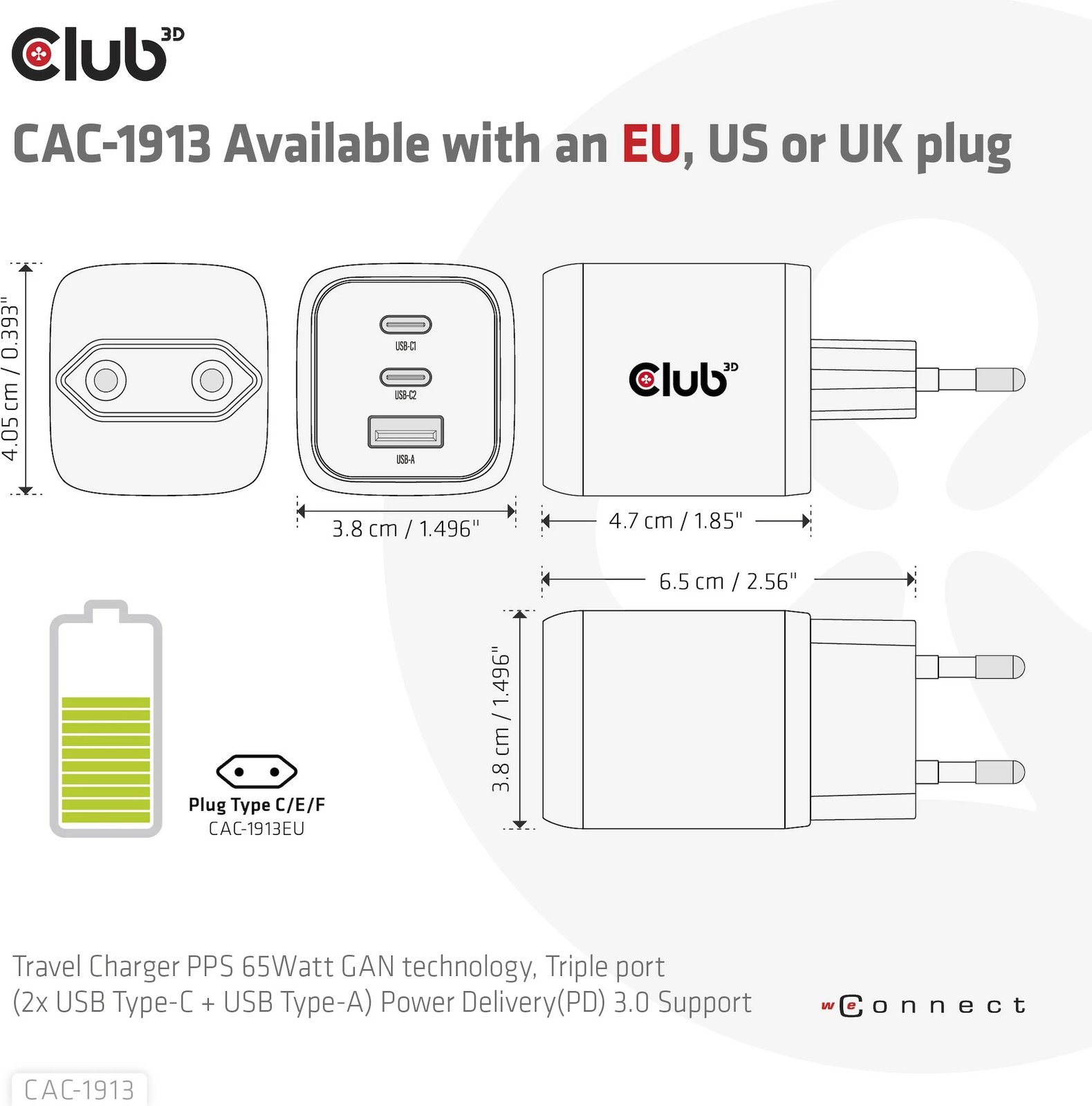 Karikues Club3D CAC-1913EU, 2xUSB Type-C, 1xUSB Type-A, PD 65W, GaN, i zi