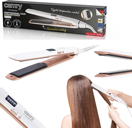Drejtues flokësh, Camry, CR 2322, pllaka qeramike-turmalin, kontroll digjital, 4 temperatura 150-230°C, e bardhë