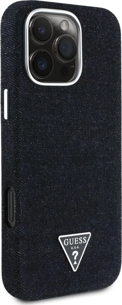 Mbështjellës Guess Denim Triangle Logo MagSafe për iPhone 16 Pro, i zi