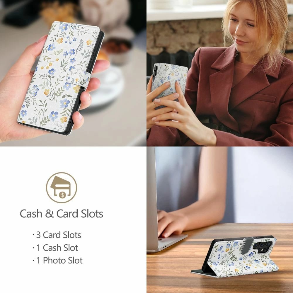 Mbështjellës Tech-Protect Wallet për Xiaomi Redmi Note 14 Pro 5G / 14 Pro+ 5G / Poco X7 5G, Daisies with Leaves, Bardhë/Transparent
