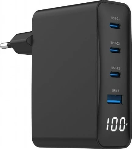 Karikues universal Gembird TA-UC-PDQC100LCD-01-BK, 100W, 3x USB-C, 1x USB-A, LCD, i zi