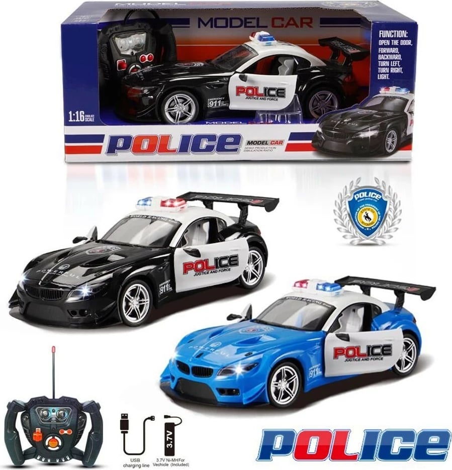 Makine policie me telekomandë, Madej 012973, shkallë 1:16, drita LED, dyer që hapen, USB 5V, ngjyrë miks